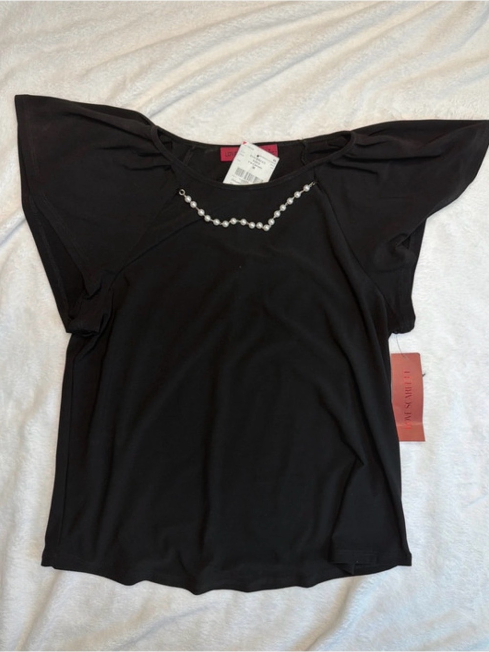 Women's Black Short Sleeve Top with Pearl Embellishment